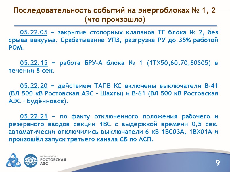 Последовательность событий на энергоблоках № 1, 2 (что произошло)  05.22.05 − закрытие стопорных